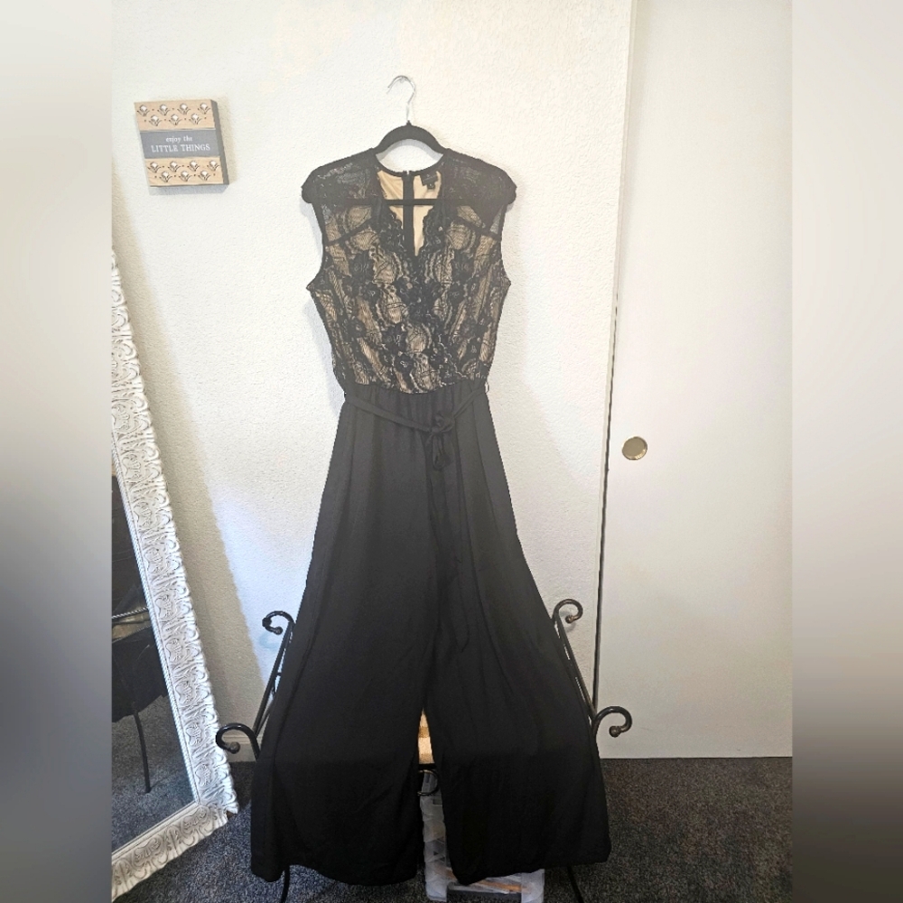 Black Lace Overlay Wide-Leg Jumpsuit